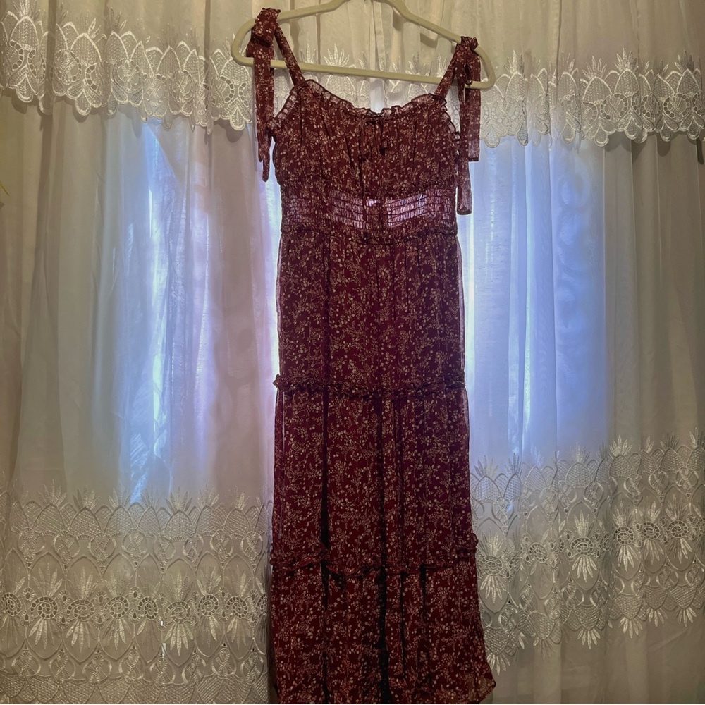 Trixxi Burgundy Smocked Tiered Floral Midi Dress - Size M